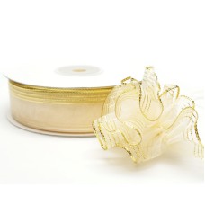 .875 Inch Ivory Organza Pull Bow Ribbon With 4 Rows of Gold Stripe Accents, 7/8 Inch x 25 Yards (Lot of 1 Spool) SALE ITEM